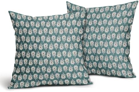 Floral Pillow Covers 22x22 Inch Set of 2 Teal Flowers Block Print
