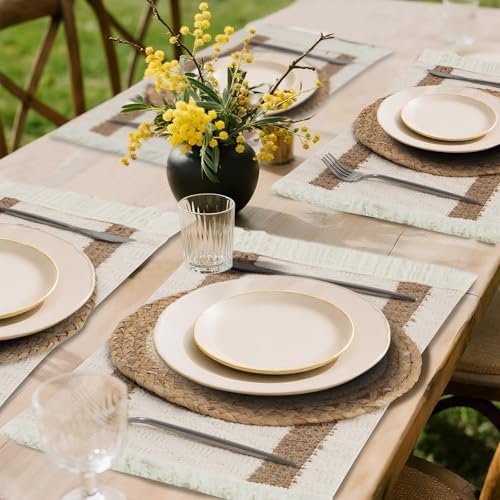 Handmade Boho Placemats Set of 4 | Natural Woven & Fabric Cotton Combo