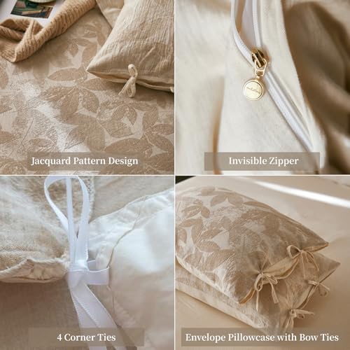 Linen Cotton Duvet Cover Full,Soft Breathable,Leaves Jacquard Textured