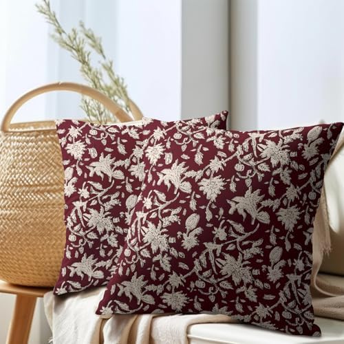 Wine Red Floral Block Print Throw Pillow Covers 18x18 Inch Set of 2