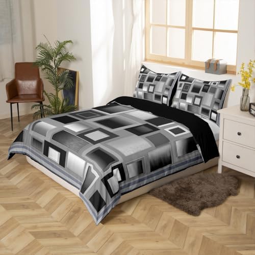 Castle Fairy Modern Duvet Cover Queen Size,Gray and White Square