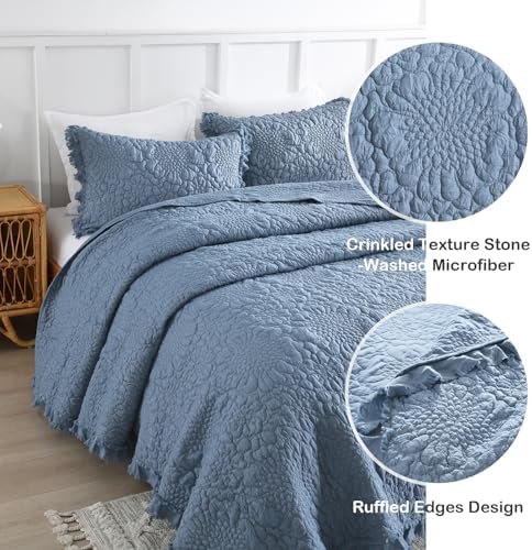 HORIMOTE HOME Blue Ruffled Quilt King Size, Stone-Washed Microfiber