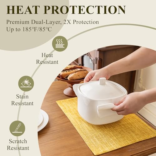 KXN Placemats Set of 6, Durable Dual-Layer Fabric Table Mats, Yellow