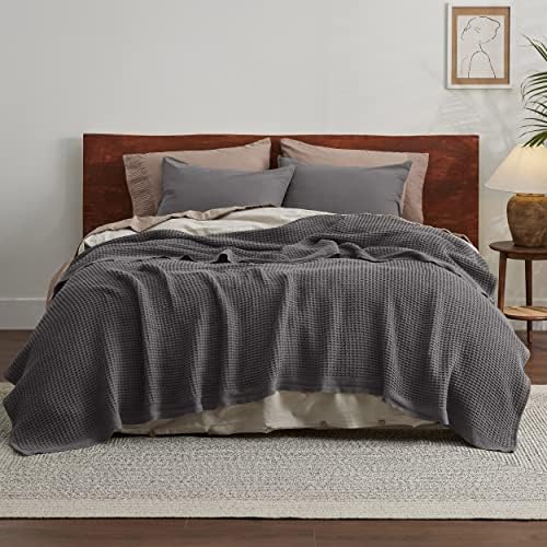 Bedsure 100% Cotton Blanket, Waffle Weave, King Size, Charcoal Grey