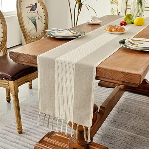 Wracra Linen Table Runner, Stripe Table Runners 72 Inches Long Light