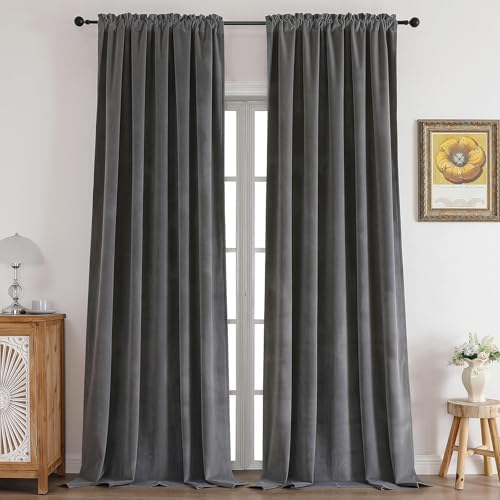 CUCRAF Grey Velvet 100% Blackout Curtains 63 inches Long, Thermal