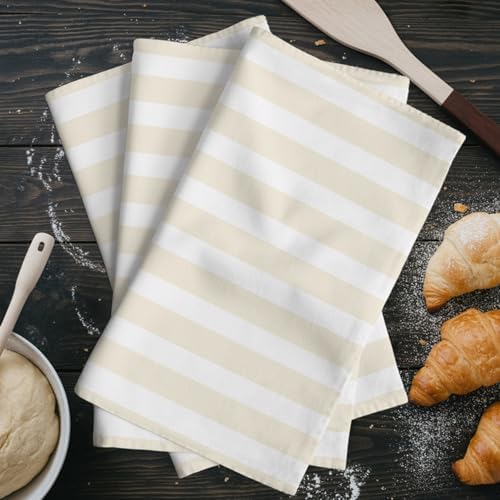 Kitchen Towels Set 3 Pack Cream Stripes Absorbent Dish Towels for