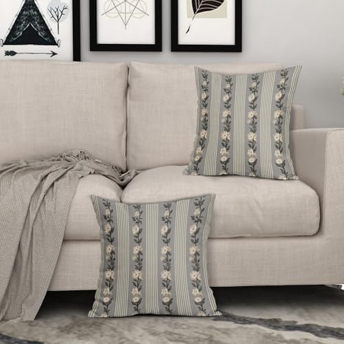 Floral Pillow Covers 18x18 Set of 2 Grey Black Vintage Neutral Flower