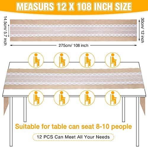 Chumia 12 Pcs 12 x 108 Inch Wedding Burlap Table Runners with White