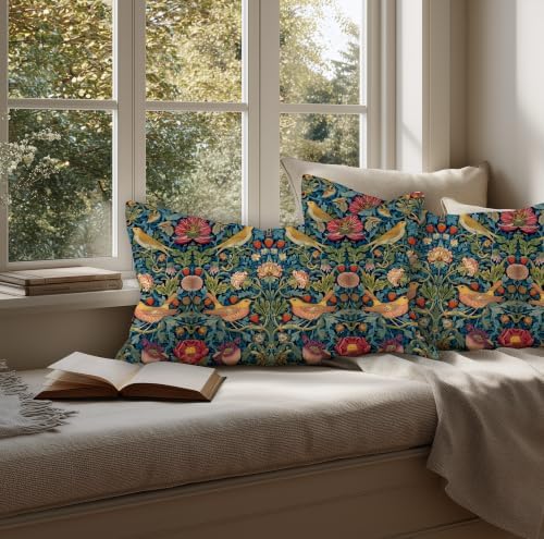 Vintage Botanical Throw Pillow Covers Set of 2, Autumn Floral Bird
