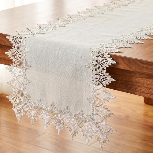 Natural Linen Table Runner, 36 inches Neutral Earth Tones Beige Lace