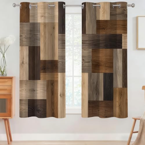 Rustic Brown Wood Patchwork Window Curtains, 2 Panel 42x63 inch
