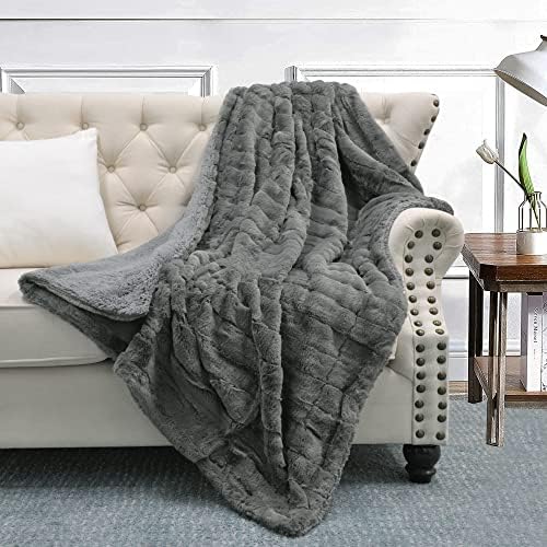 Stripe Faux Fur Throw Blanket with Sherpa Back, 60"x80", Dark Gray