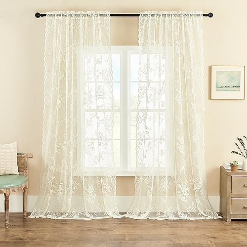 Ivory Lace Sheer Curtains 96 Inches Long 2 Panels Victorian Floral for