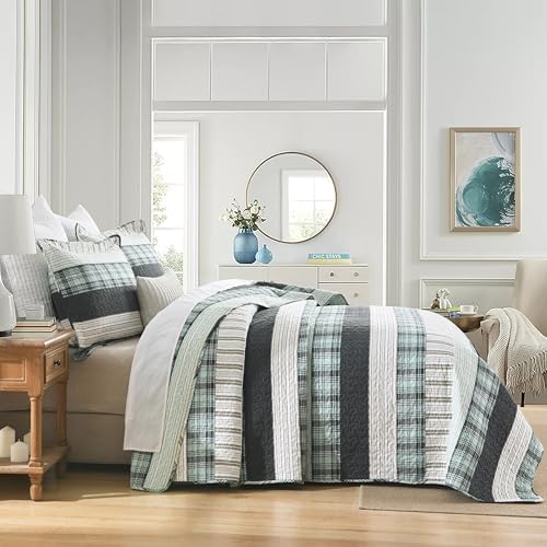 Homzard King Size Quilt Set 100% Cotton Striped Plaid Bedspread Set