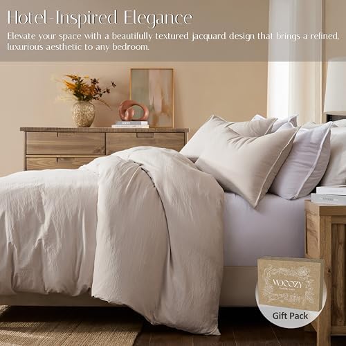 WDCOZY Beige Full Size Jacquard Duvet Cover Set with Zipper Closure