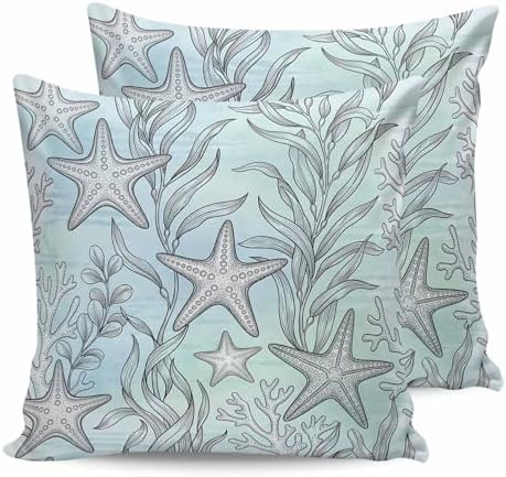 Pillow Covers 20x20 Set of 2, Teal Blue Starfish Coastal Throw Pillow