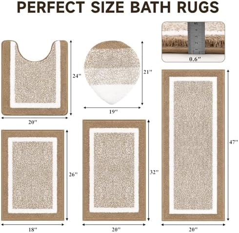 Pauwer Bathroom Rugs Set 5 Piece, Non Slip Microfiber Bath Mat, Khaki