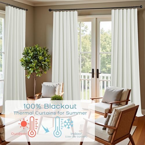 KOUFALL Ivory Linen Blackout Curtains 108 Inches Long, Thermal