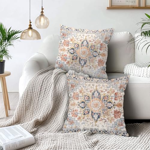 Cream Blue Orange Teal Vintage Bohemian Pillow Covers 22x22 In Mustard
