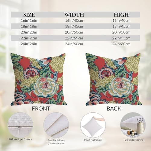 Chinoiserie Red Peony Floral Pillow Covers Set of 2, Cozy Peony