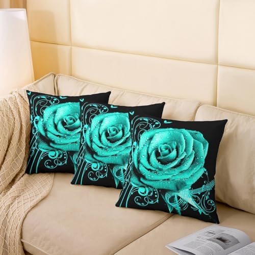 Feelyou Teal Rose Floral Throw Pillow Covers 22"x22" Set of 2 Couple