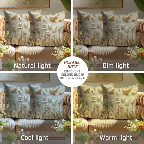 Spring Decorative Pillow Covers Set of 2, Cream and Gold Floral Throw