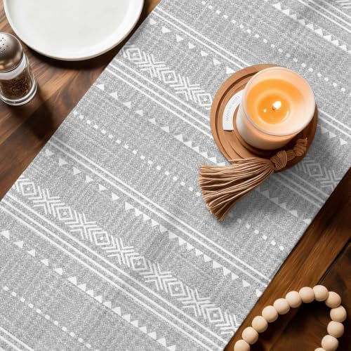 Light Grey Boho Table Runner 108 Inches Long, Rthnic Modern Geometric