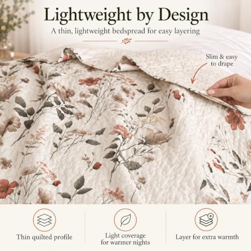 DaDa Bedding Enchanted Meadow Quilt Set Queen, Floral Bedspread Beige