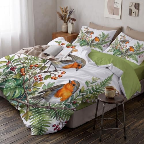 Sage Green Rural Watercolor Robin Duvet Cover Set for Women Girls