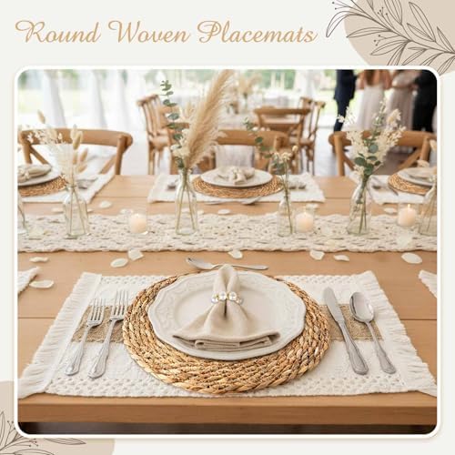 6 Sets Boho Placemats, Rattan Burlap Mats, Pearl Napkin Rings