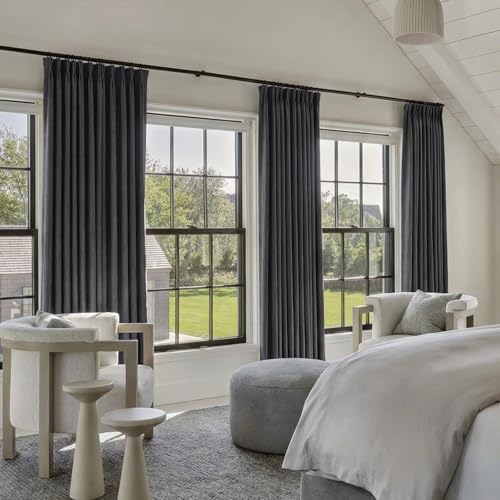 IVAPUPU Dark Grey Pinch Pleated Full Blackout Linen Curtains 108 Inch