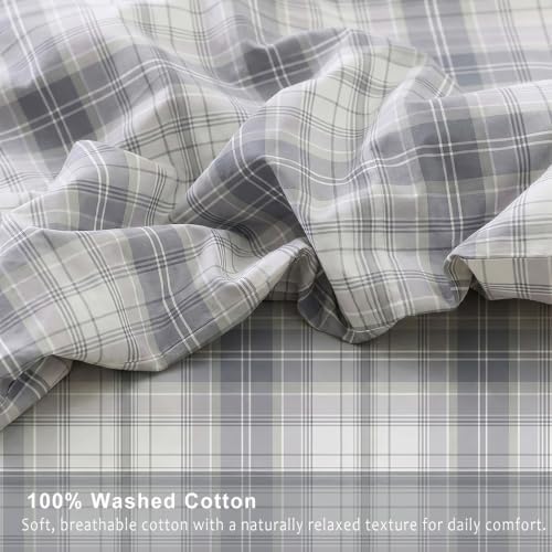 Plaid Duvet Cover Set Queen Size, 100% Cotton Duvet Cover Set, Gray