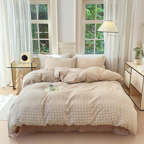 LifeTB Tan Gingham Duvet Cover Full 100% Washed Cotton Beige Taupe