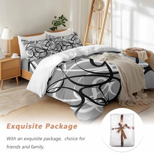Grey Geometric Duvet Cover Set Queen Size,Retro Black White Abstract