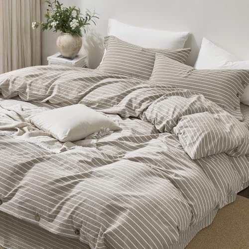 JELLYMONI 100% Washed Cotton Beige Striped Duvet Cover Set Cal King