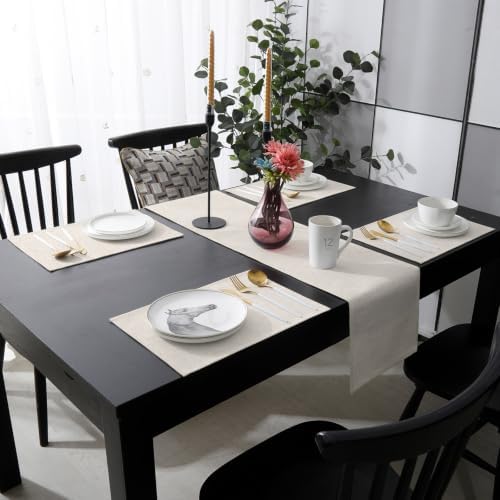 Soft Beige Linen Weave Table Runner and Placemats Set of 6 Minimalist
