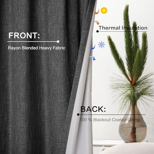 YZ HOME Grey Linen 100% Blackout Pinch Pleated Curtains 108 Inches