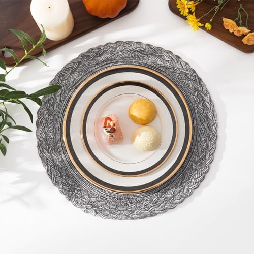SHACOS Round Placemats Set of 4 Boho Braided Border 15 inch Circle