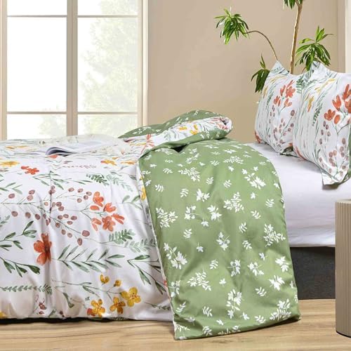 Nanko Floral Duvet Cover King Size, 3 Pieces Green Leaves Yellow