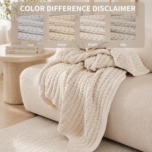 Chenille Knit Throw Blanket, Cream 50x60