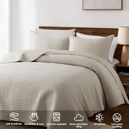 palassio King Quilt Bedding Set Channel Pick Stitch Striped Beige