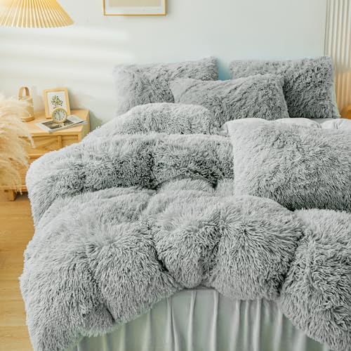 Fluffy Grey Faux Fur Comforter Cover Set Twin,Fluffy Fuzzy Plush Grey