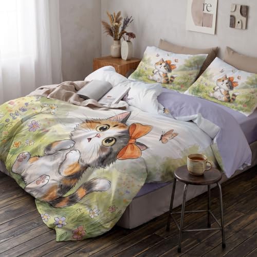 Sage Green Cute Cat Garden Duvet Cover Set For Women Girls 3 Pcs Cute