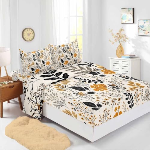 AILONEN Full 4 Piece Fitted Sheet Set, Black Mustard Botanical Sprigs