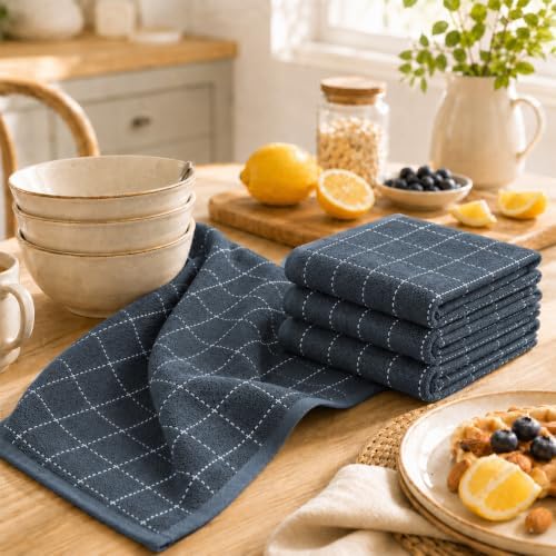 Kitinjoy 100% Cotton Terry Kitchen Towels, 13”x 28”, 4-Pack, Dark Grey
