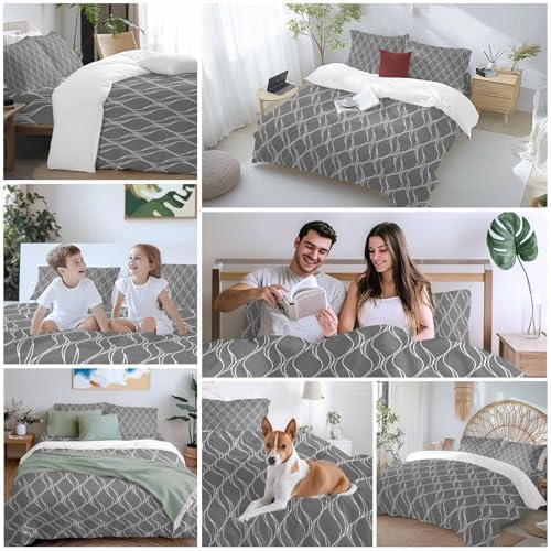 Wavy Lines Duvet Cover Set, Abstract Minimalist Pattern Gray Soft