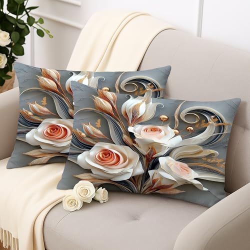 Elegant Floral Throw Pillow Covers Set of 2, Cream and Rose Gold