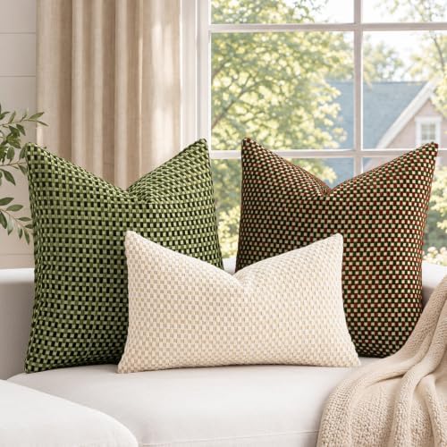 Plaid Decorative Throw Pillow Covers 22x22 inch Set of 2 Olive Green
