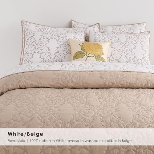 Querencia Cotton Quilt King Size - Embroidered Beige Quilt Tan Cotton